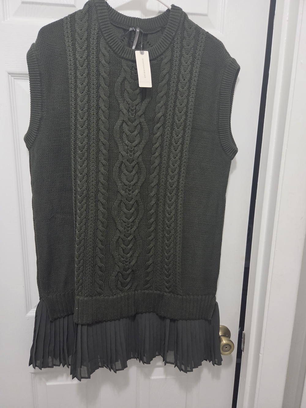 Cable-Knit Sleeveless Sweater Dress with Pleated Hem - Olive